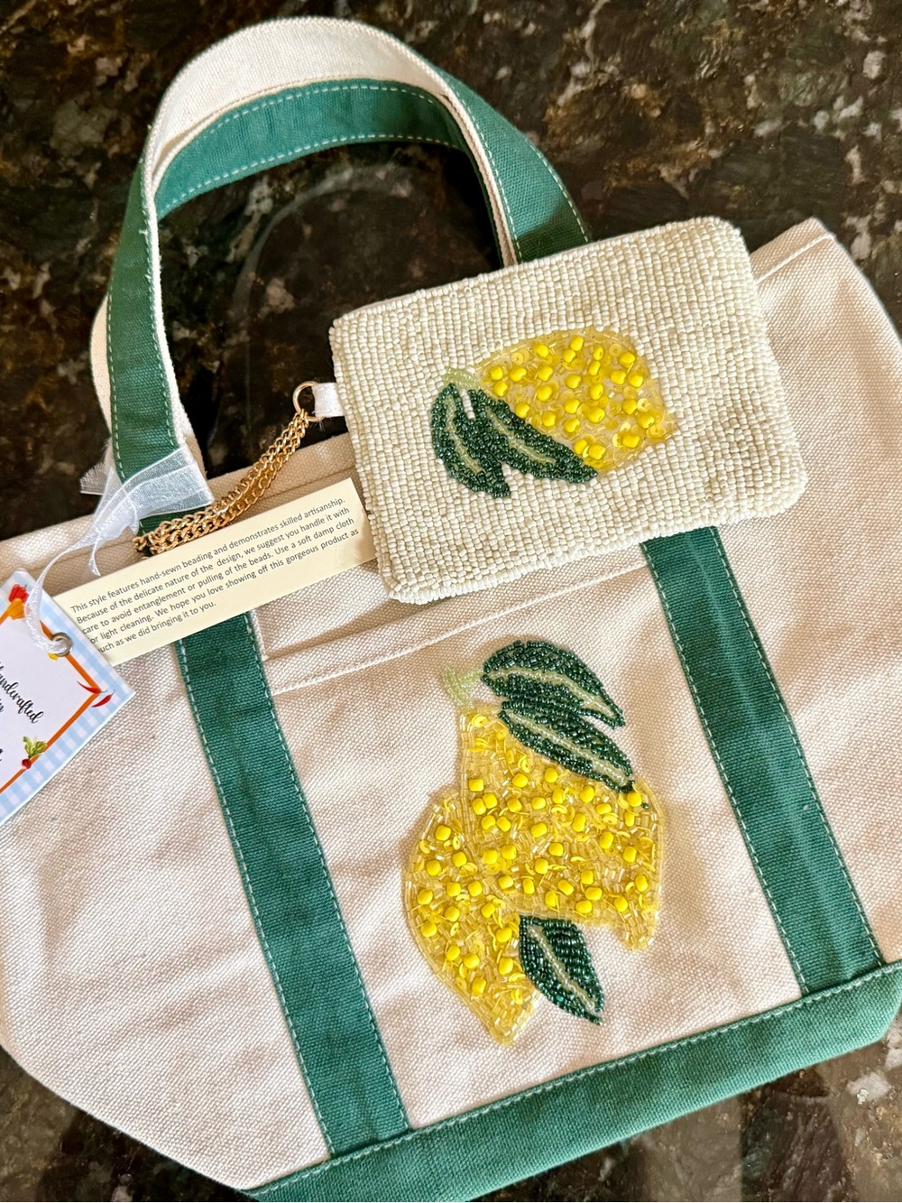 🍋Lemon Mini Tote Canvas Handcrafted Bag with Matching Beaded Coin Purse
